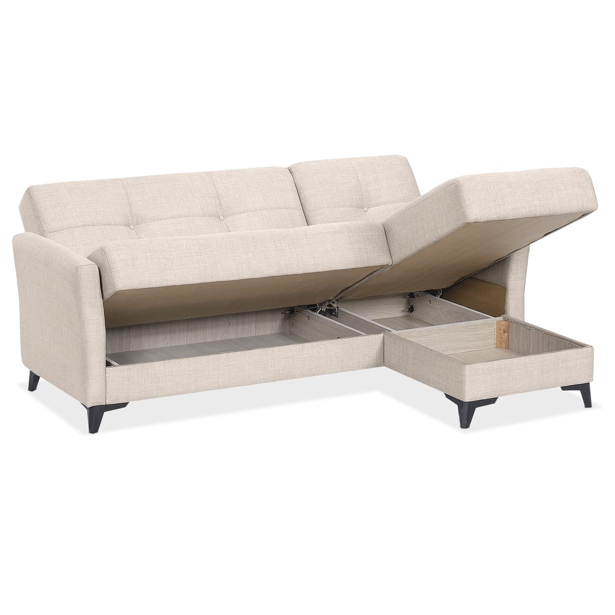 EVERGREENWEB Divano letto 3 Posti con Contenitore Trasformabile, Divano Angolare con Penisola Chaise Longue, Schienale Reclinabile 3 Livelli Clic Clac, Morbido Tessuto Imbottito Beige, Braccioli Slim