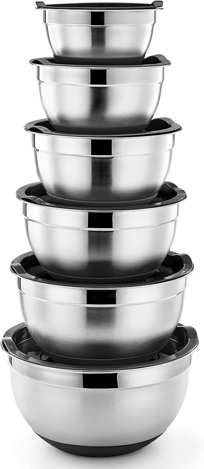 Black Mixing Bowl with Lid Set of 6, P&P CHEF Stainless Steel Nested