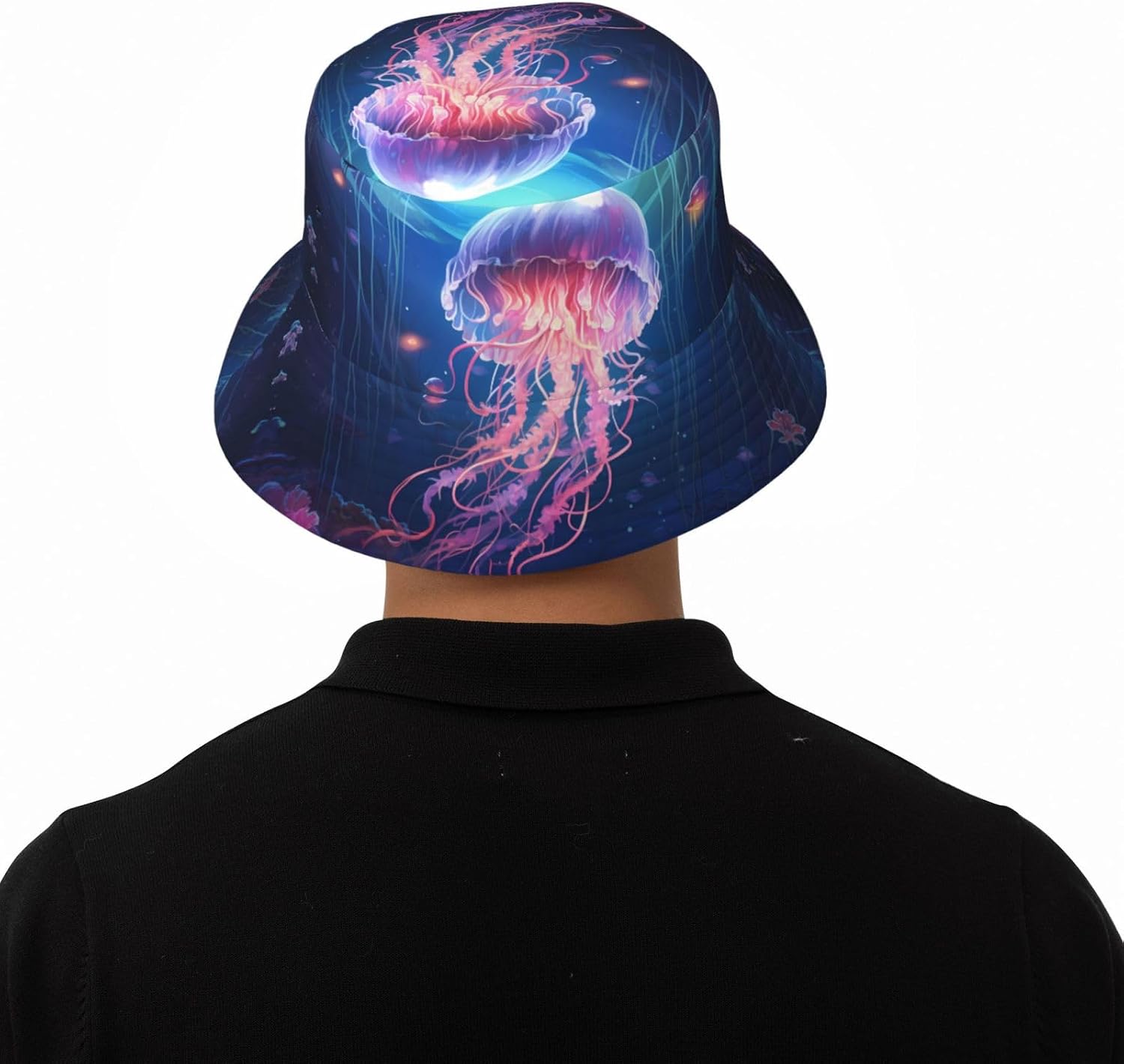 Wandering Jellyfish Prints Summer Outdoor Travel Bucket hat, a Beach Sun hat Suitable for Both Men and Women Black