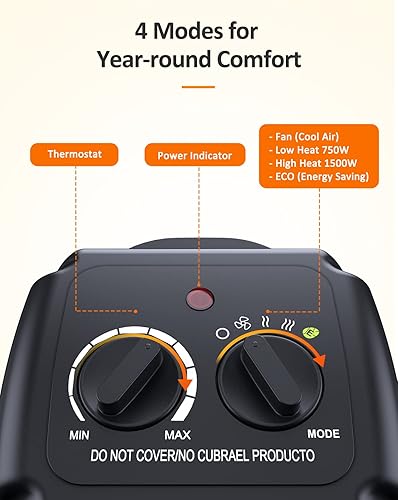 Miniatura 2 de shinic Calentador de espacio para uso en interiores, calentador de espacio de cerámica ECO de 1500 W750 W, calor rápido en 1s, protección contra