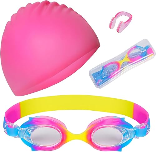 Gorro de natación para niños y niñas, gorro de natación de silicona para cabello corto con gafas de natación y clip para la nariz, gorras de baño