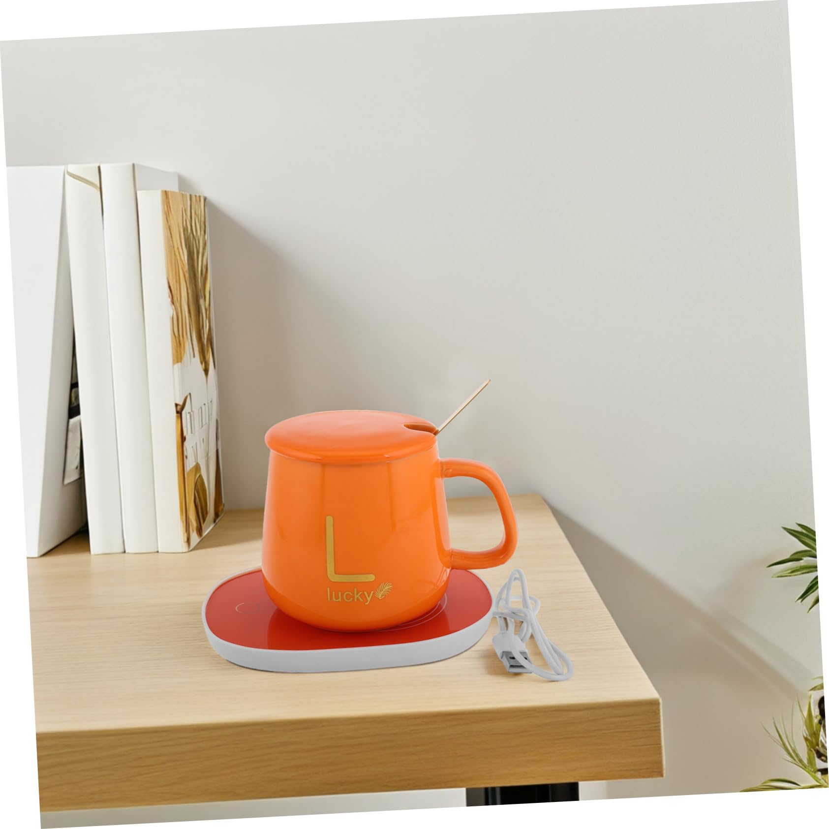 Scalda Tazza Elettrico in Ceramica Arancia con Funzione Antiscivolo e Antiscaldamento, per Ufficio e Feste di Natale con Coperchio e Cucchiaio