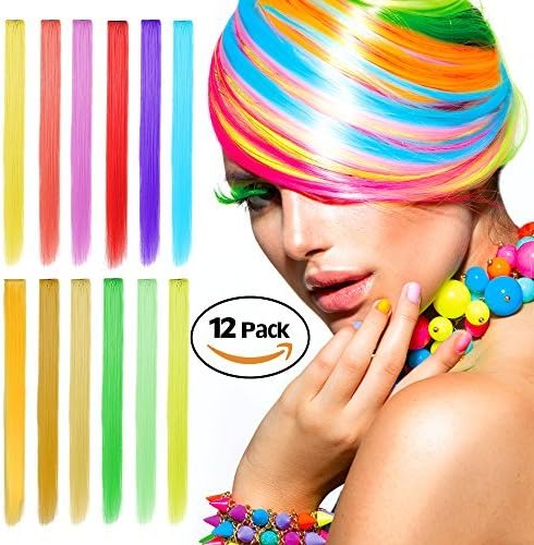 Color Hair Extensions, Ezire 23 Inches 12-Color Party Highlights Clip on in Hair Extensions 12 PCs Colorful Straight Hairpieces