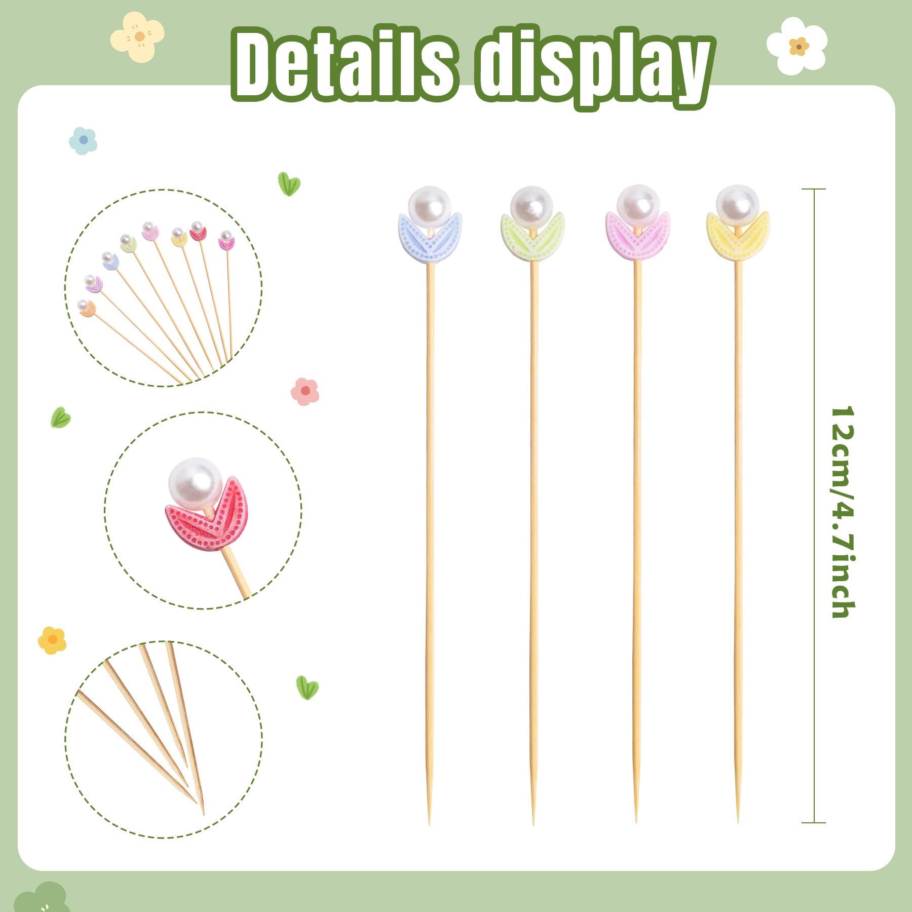 120 Pcs Tulip Cocktail Picks 4.7 Inch Pearl Flower Decorative Toothpicks for Easter Holiday Theme Party Spring Long Cocktail Sticks Appetizers Fruits Drink Garnish Party Supplies