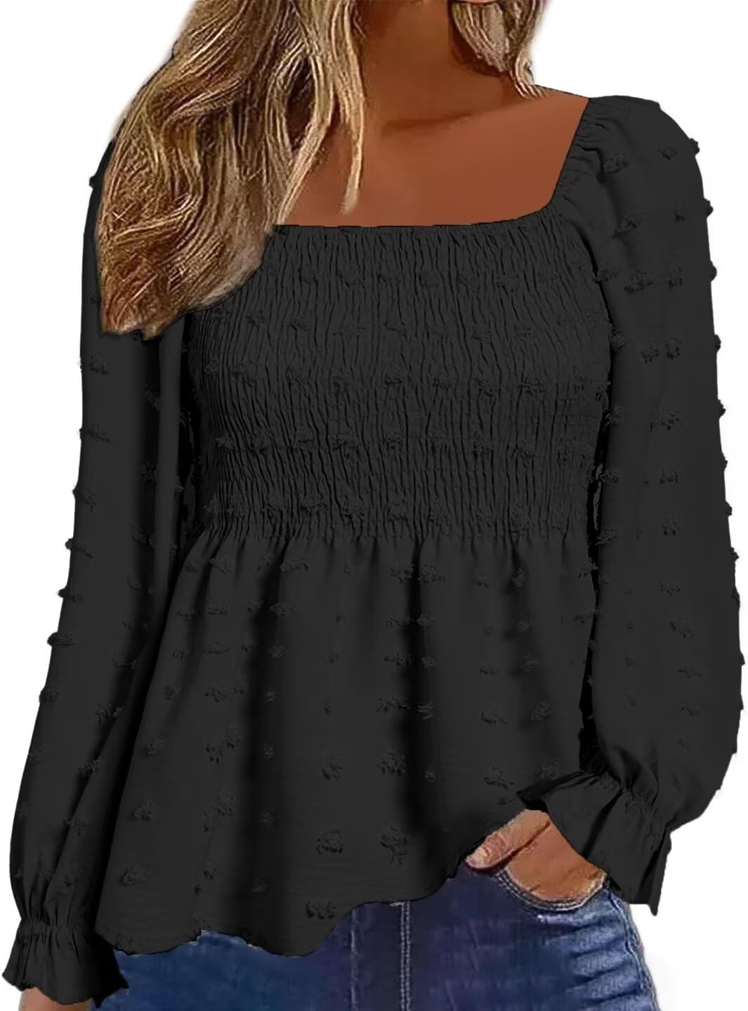 Flamingals Women's Long Sleeve Peplum Blouse Square Neck Cute Elegant Ruffle Smocked Babydoll Shirts