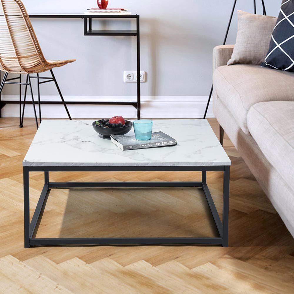BAKAJI Tavolino Divano Tavolo caffè da Salotto Quadrato Design Moderno Industriale Struttura in Metallo con Piano d'appoggio in Legno MDF Dimensione 80 x 80 x 34 cm (Effetto Marmo)