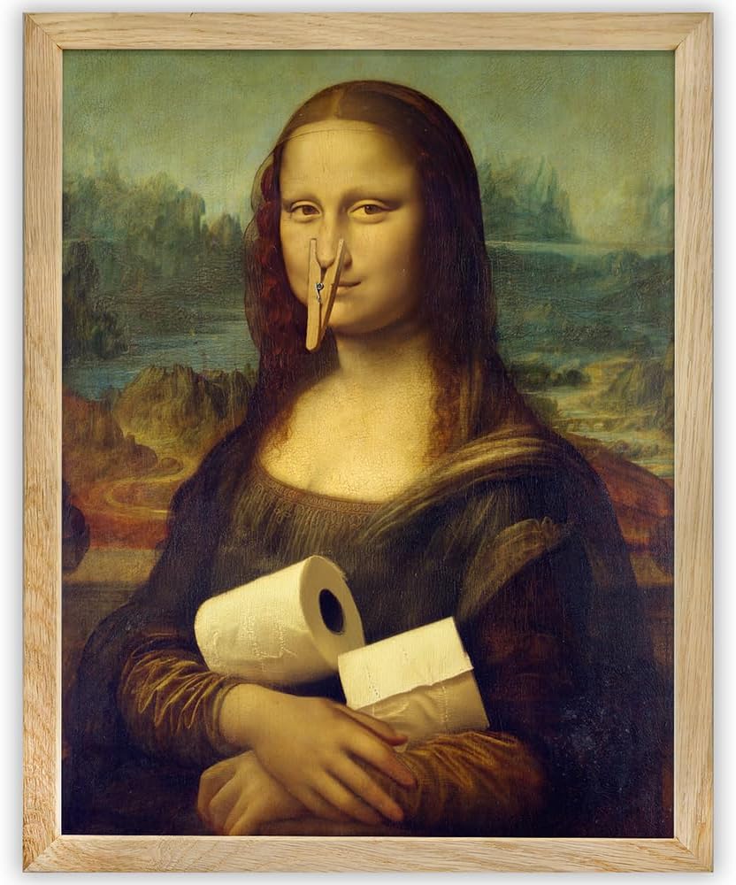 Mona Lisa Parody 11x14 Framed Poster:Funny Art Print Featuring the Iconic Mona Lisa with a Clothespin on Her Nose, Whimsical Bathroom Humor Wall Art for Creative, Quirky, & Vintage Decor Enthusiasts