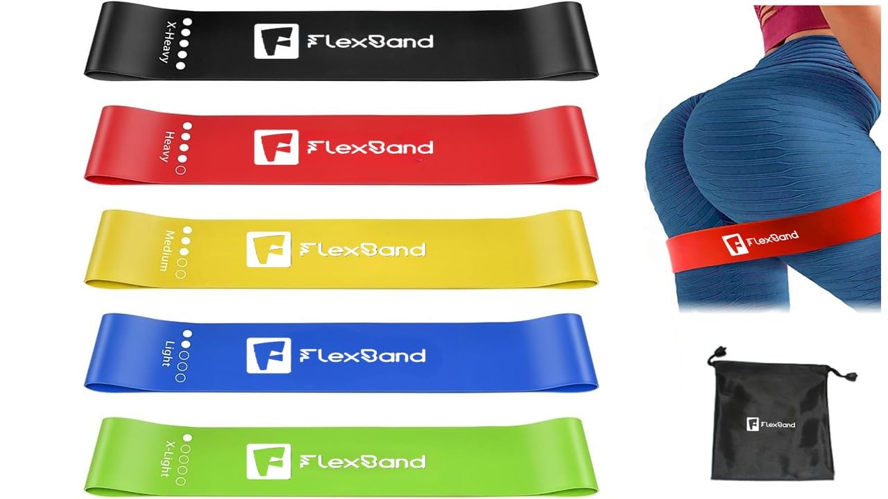 Flexband Resistance Bands | Skin-Friendly, Durable Fitness Loop Bands | 5 Resistance Levels & Colors | Ideal for Pilates, Yoga, Strength Training | Includes Carrying Bag | Set of 5 Exercise Bands