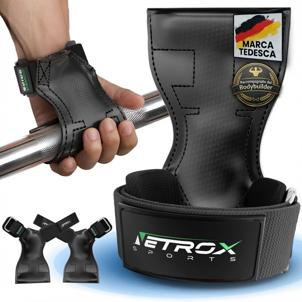 NetroxSports - Power Grips Lifting Straps - Cinghie Palestra con Wrist wraps - Per pesi molto elevati - allevia dita - Sollevamento Pesi - Reverse Grip, Straps Bodybuilding, Gym Strap - Donna e Uomo