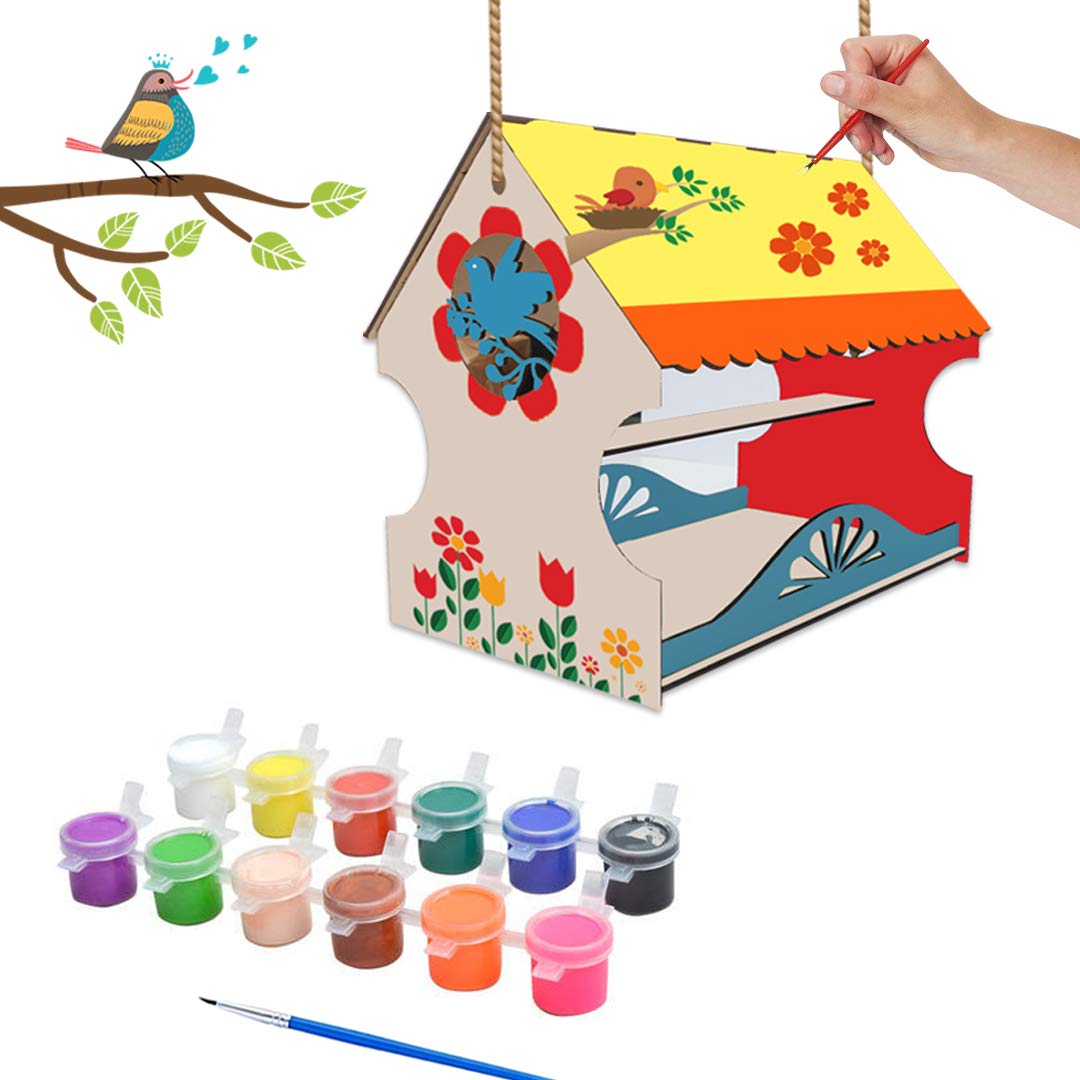 Webby DIY Art & Craft Wooden Build & Paint Hut Shaped Bird House Kit, Show Piece, Birthday Gift for Kids Toy