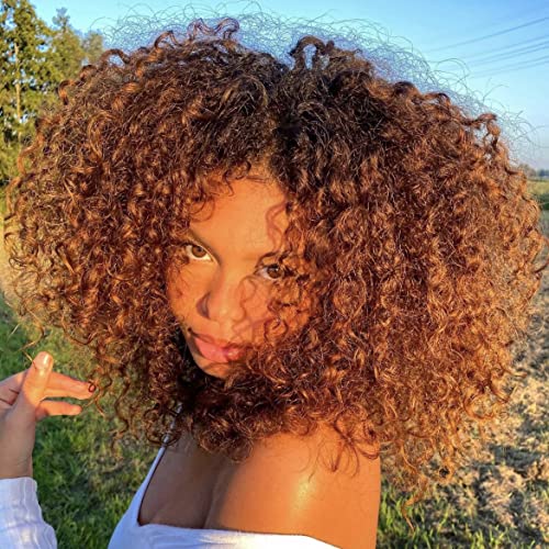 Curly Wigs for Black Women 12inch Ombre Brown Curly Wig with Bangs 1b30 Curly Afro Wigs for Black Women 250 Density Glueless Synthetic Short Kinky Curly Wig