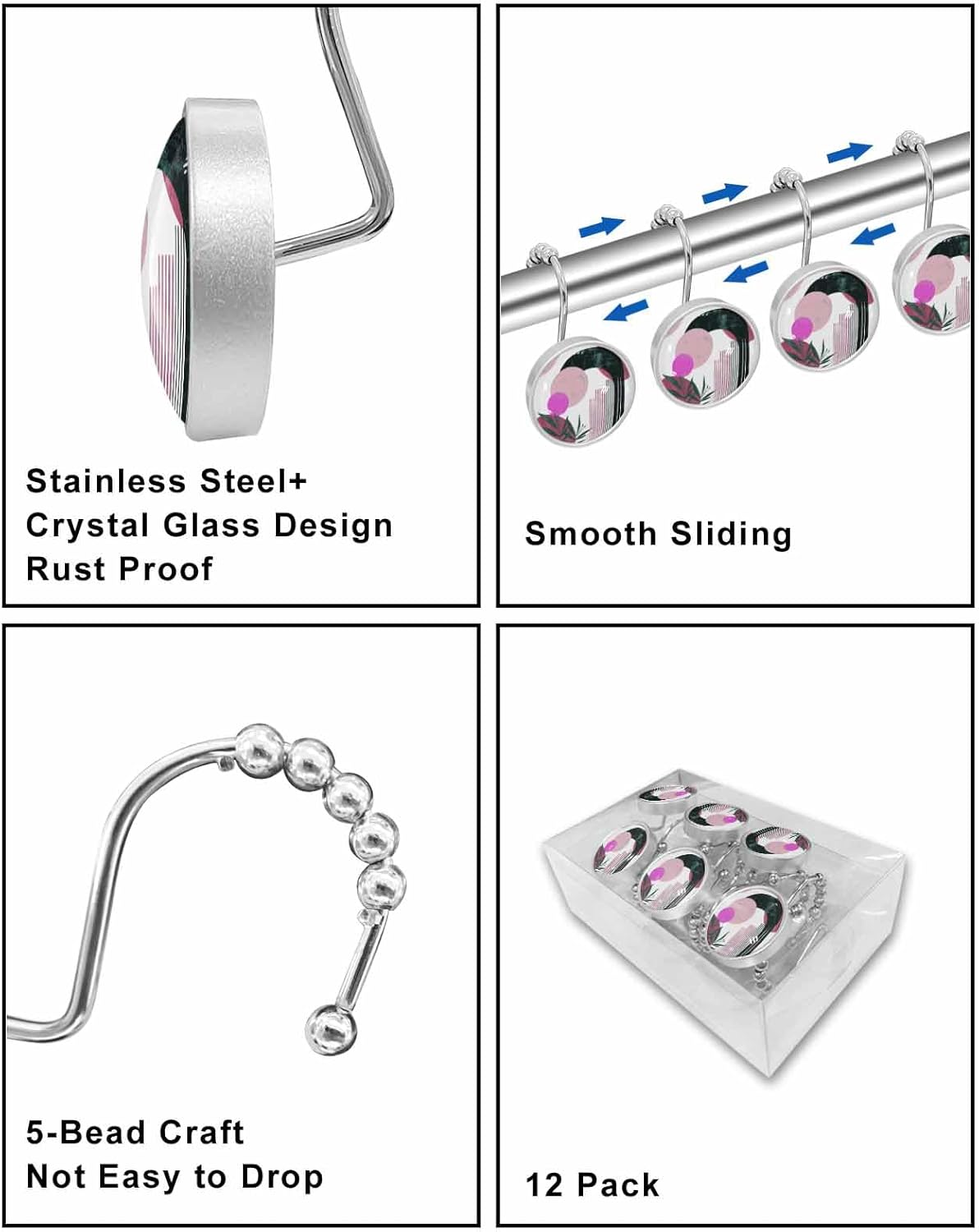 Boho Shower Curtain Hooks 12 Pcs Farmhouse Geometric Abstract Art Purple Black White Stainless Steel Rust Proof Rolling Shower Curtain Rings, Decorative Shower Curtain Hooks Hangers for Bathroom