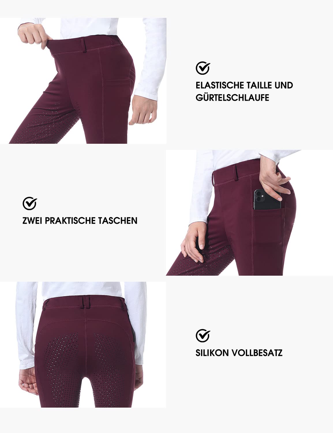beroy Pantalones de equitación para niños y niñas, de silicona, elásticos, con trabillas para cinturón y bolsillos laterales, A02-rojo, XXL