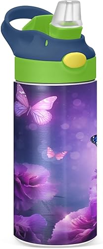 Miniatura 1 de Purple Butterfly - Botella de agua para niños, botellas de agua de acero inoxidable aisladas con tapa con pajilla, 12 onzas, sin BPA, a prueba de