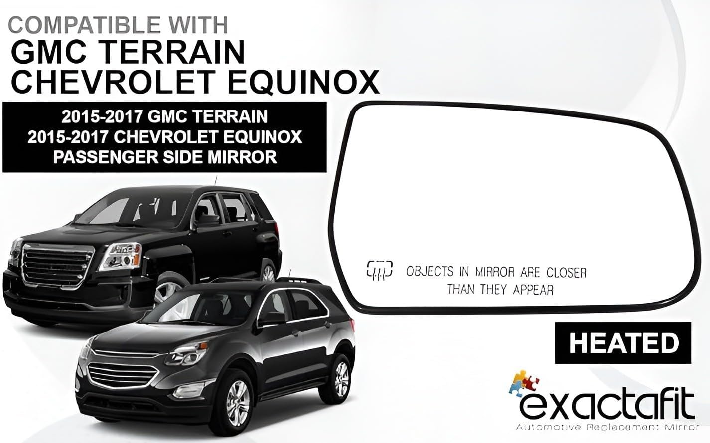 Passenger Side Mirror Glass Assembly With Plastic Backing Plate Heated Compatible with 2015 2016 2017 Chevrolet Equinox, GMC Terrain