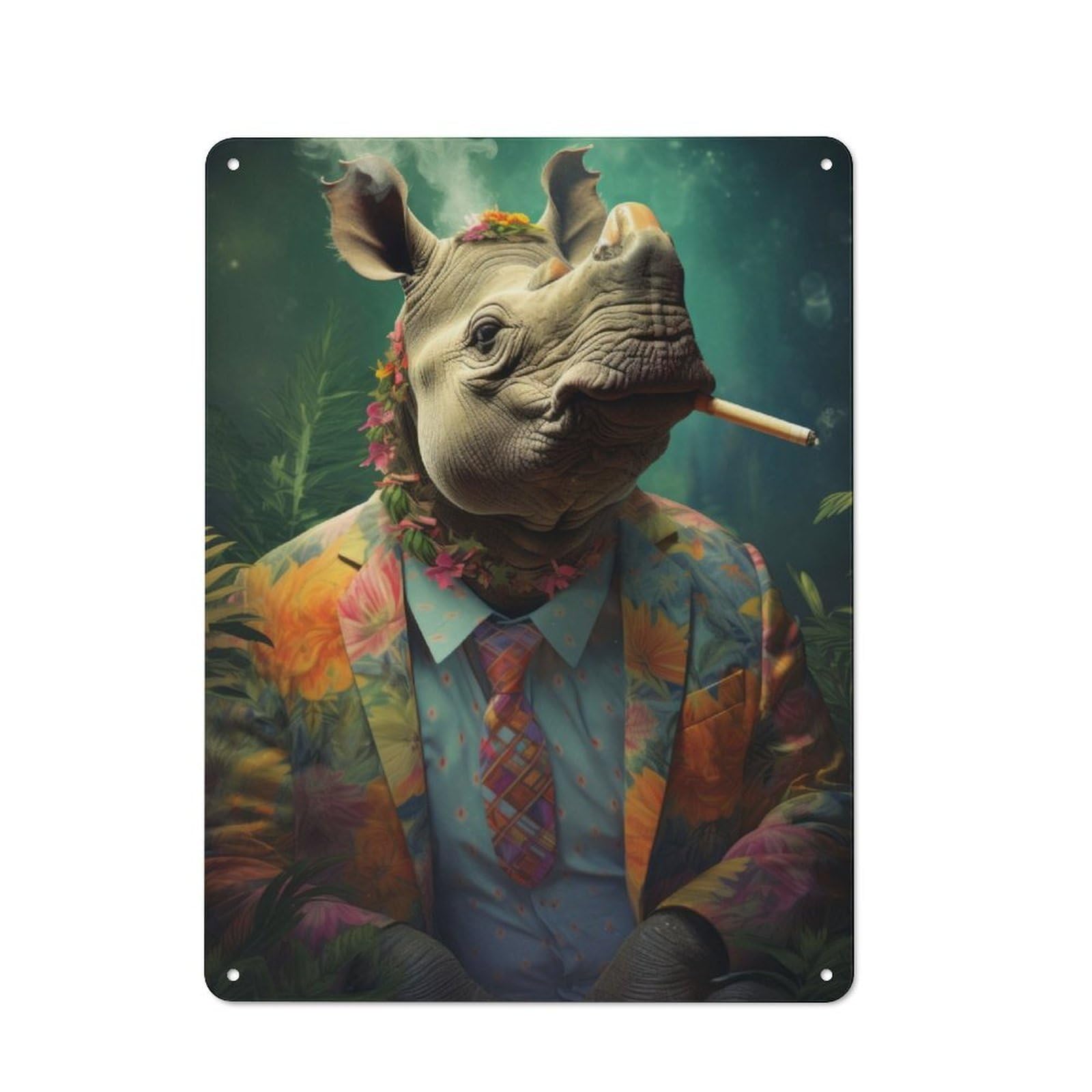Junmoney Hippie Rhino Smoking Printed Metal Sign 40X30cm For Home Bar Wall, With Clear Vintage Wall Decor Character