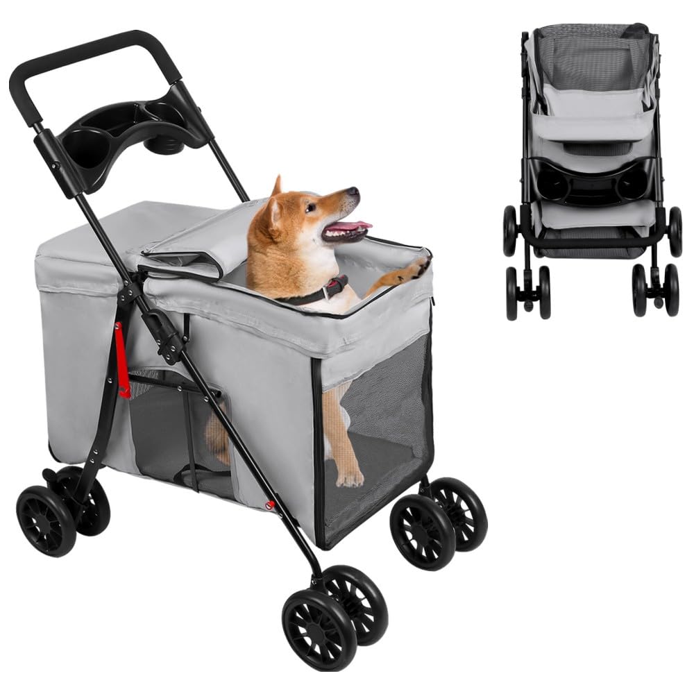 OHMG Passeggino cane gatto passeggino pieghevole cuscino incluso ruote con freno tessuto 600D Oxford acciaio per animali meno di 20 kg, 95 x 75 x 49 cm