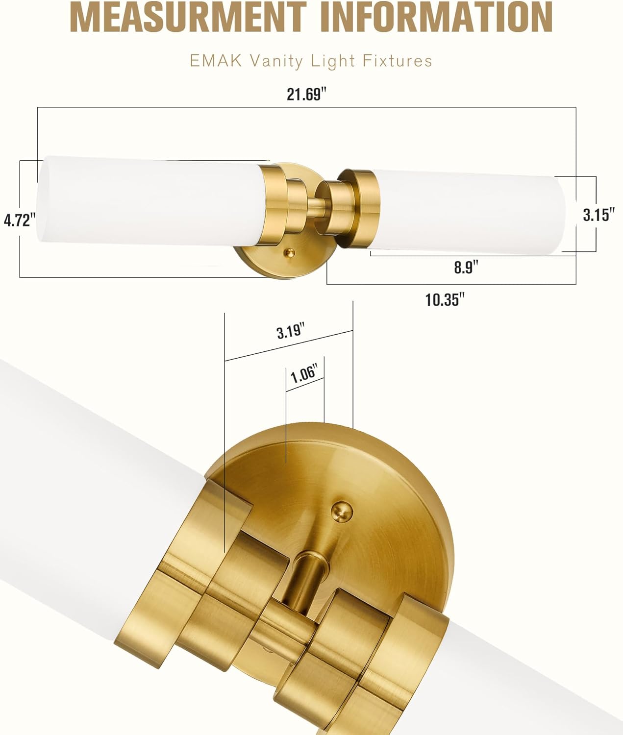 Emak Modern 22 Inch Bathroom Light Fixtures Over Mirror, Brushed Gold Vanity Light Bar with Milk Glass Shade, 2-Light Bathroom Wall Sconce, VL085-BGD-ML-2