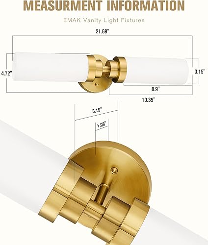 Miniatura 4 de Emak Moderna lámpara de baño de 22 pulgadas sobre el espejo, barra de luz dorada cepillada con pantalla de vidrio de leche, aplique de pared de baño