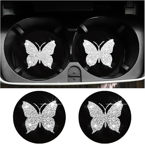 BESULEN - Posavasos de coche con mariposas, juego de 2 unidades, universales, con inserto antideslizante de 7 cm, portavasos brillantes con