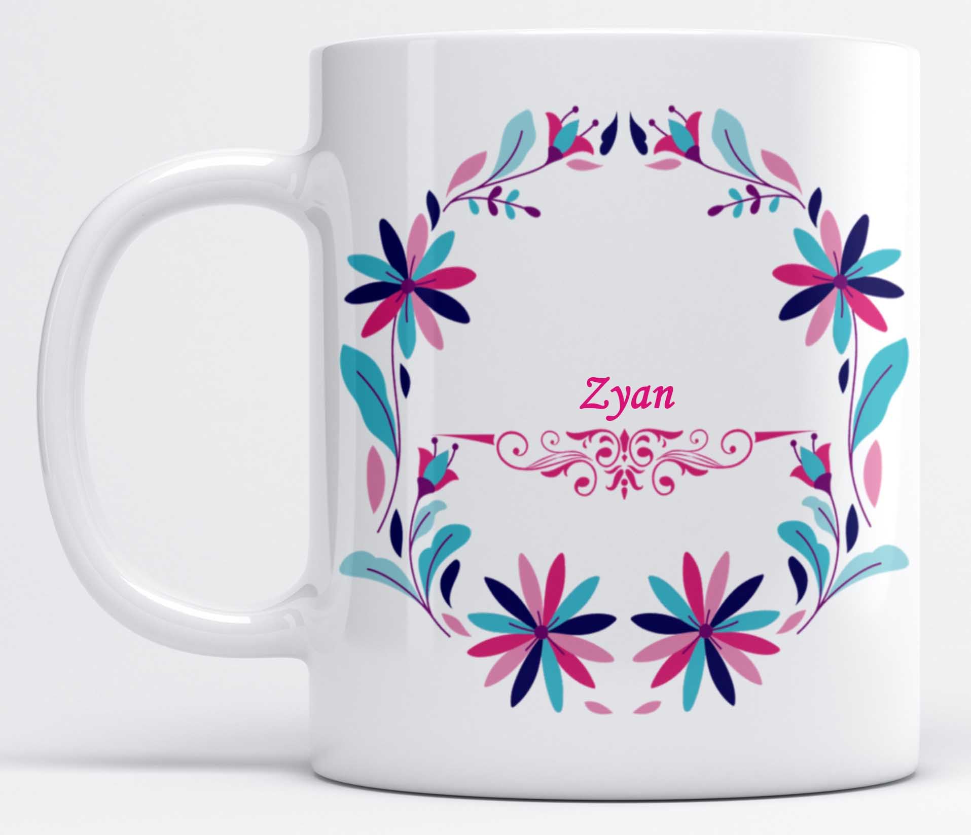 LOROFY Name Zyan Printed Pink & Blue Floral Design White Ceramic Coffee Mug (350ML)