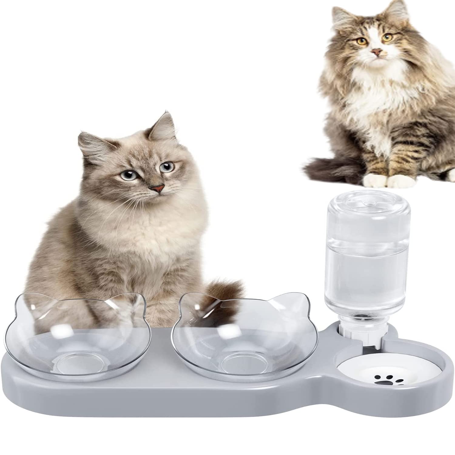 Platos para Gatos, Comedero Gatos 3 Cuencos, Comedero y Bebedero, Cuenco del Gato Doble Tazón, 3 en 1 Elevado Comedero Gato, para Gatos y Perros Pequeños y Animales Pequeños (Gris)