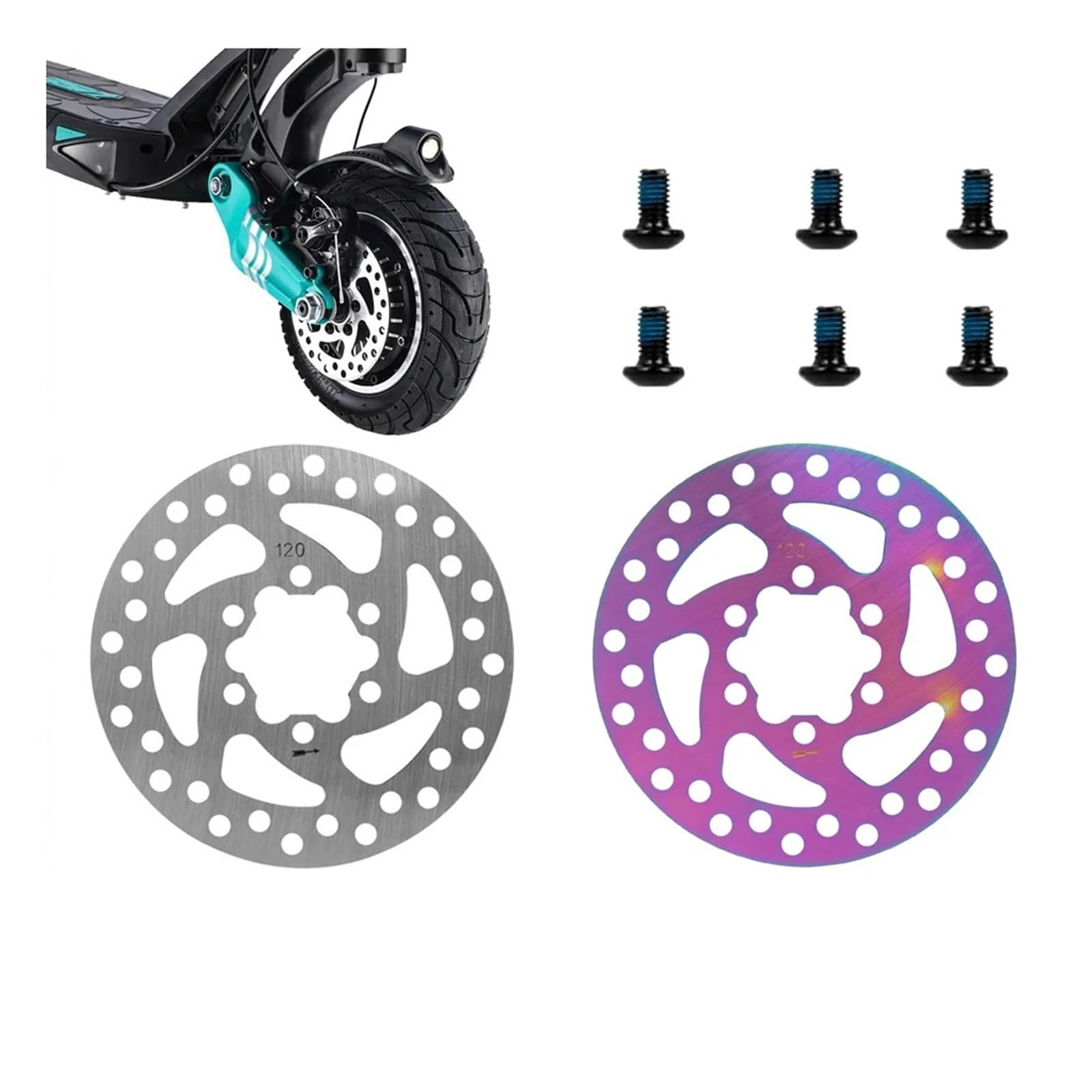 Dispositivo Freno a Disco da 120 mm for Monopattino Elettrico, rotore in Acciaio Inossidabile a 6 Fori con Viti, Compatibile con VSETT 9 9+ Zero 8X 9 E Scooter(Silver)