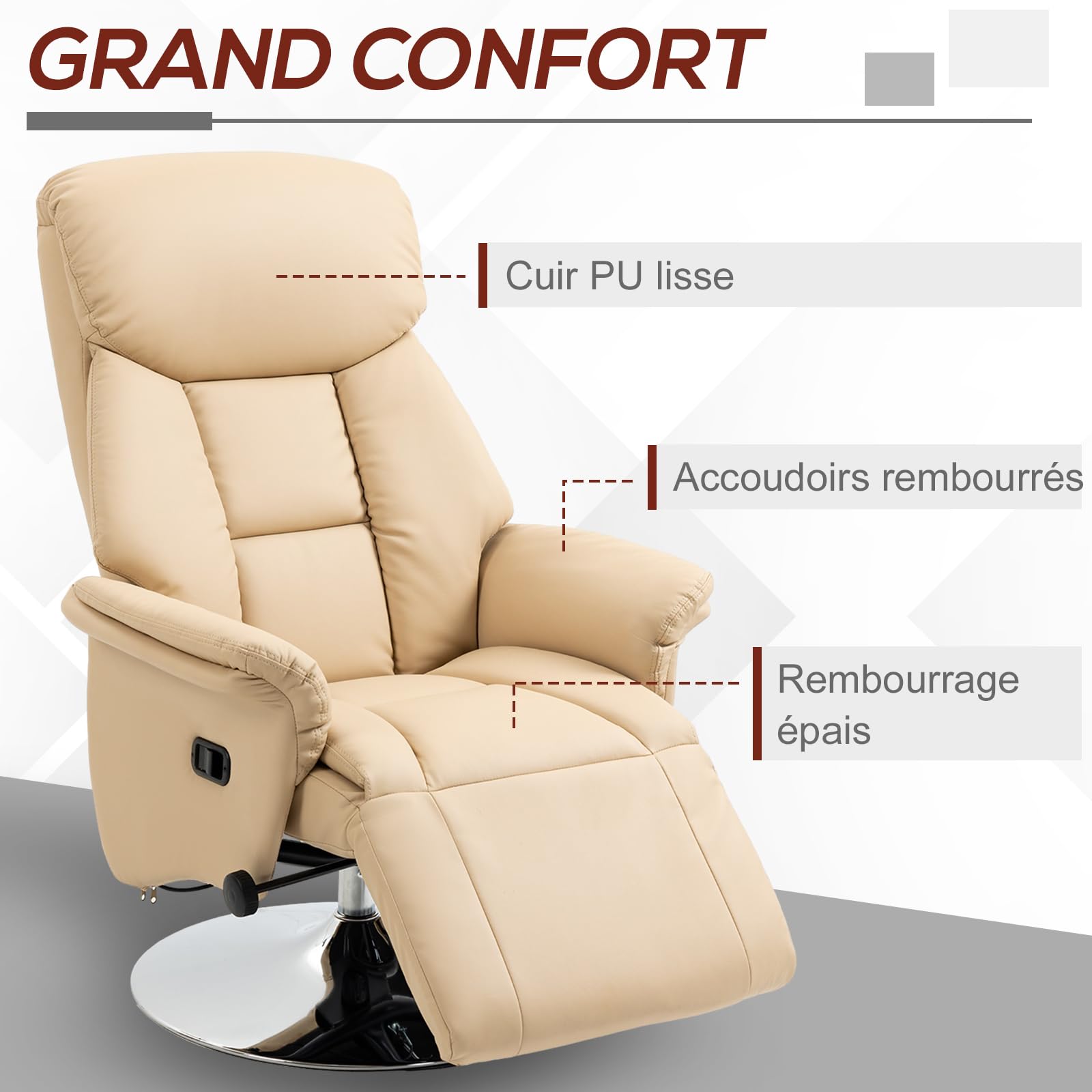 Fauteuil de relaxation - HOMCOM - inclinable pivotant repose-pied Fauteuil de relaxation - HOMCOM - inclinable pivotant repose-pied