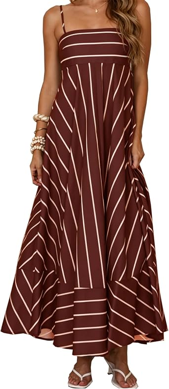 Womens Striped Maxi Dress Spaghetti Strap Back Smocked Flowy Swing Beach Sundress
