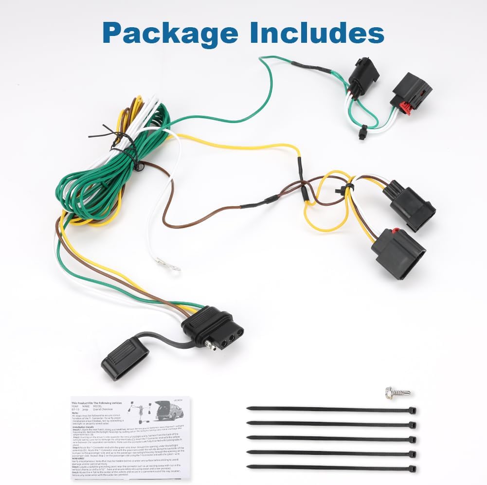 WATERWICH 4-Pin Trailer Wiring Harness Compatible with Jeep Grand Cherokee 2007-2013 Replacement for 56009 Trailer Hitch Wiring Harness for Trailer Lights Connect