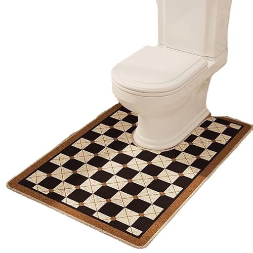 Iczodrow Toilet Rug Mat wtih Retro Checkered Pattern U Shaped-Contour Bath Mat Rug-Dirt Barrier Quick Dry Bathroom Mat Non Slip (Brown Checkered,24''x36'')