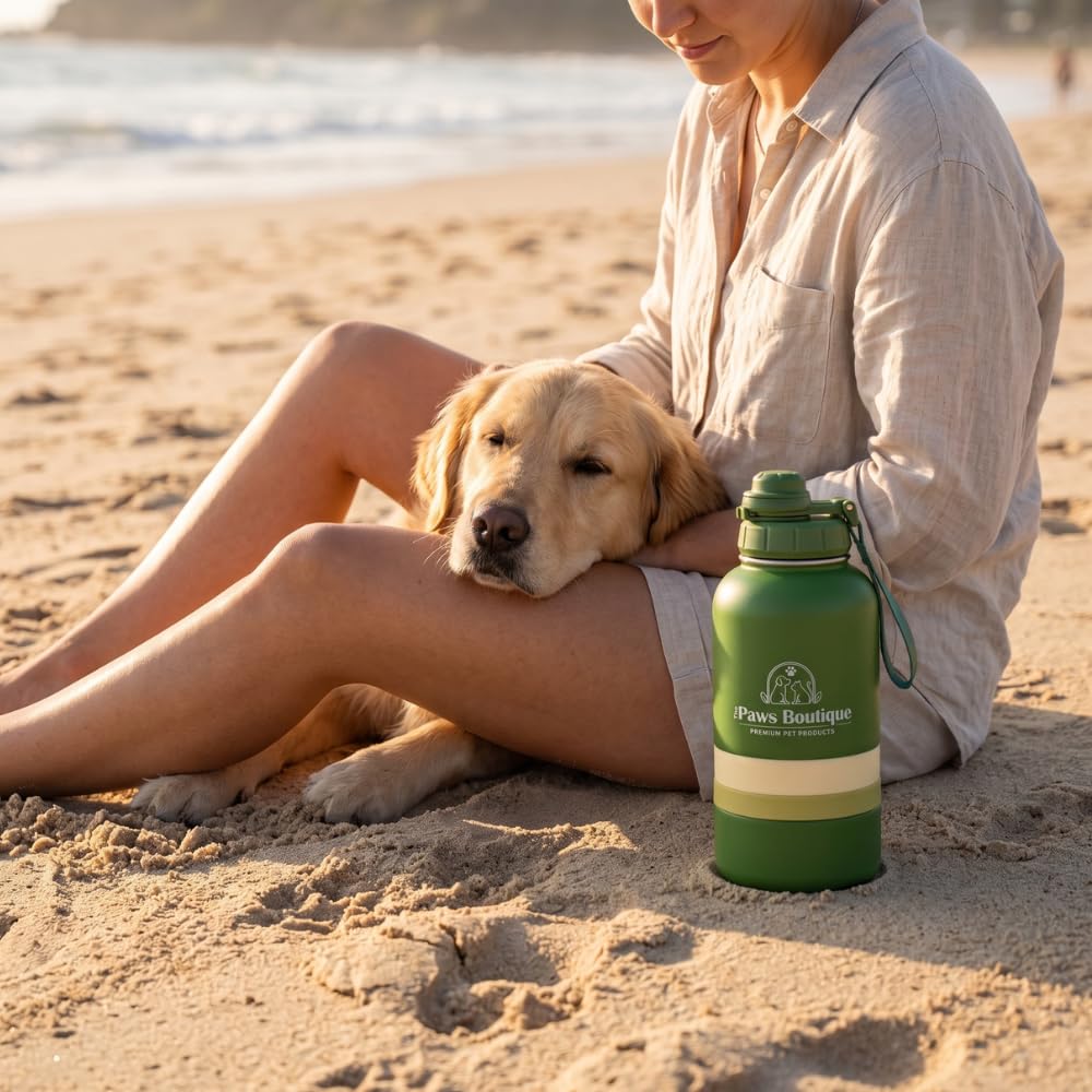 Borraccia per cani 3 in 1: abbeveratoio portatile in acciaio inox 950 ml, scomparto per cibo e ciotola extra rimovibile, a prova di perdite, senza BPA, ideale per viaggi e passeggiate