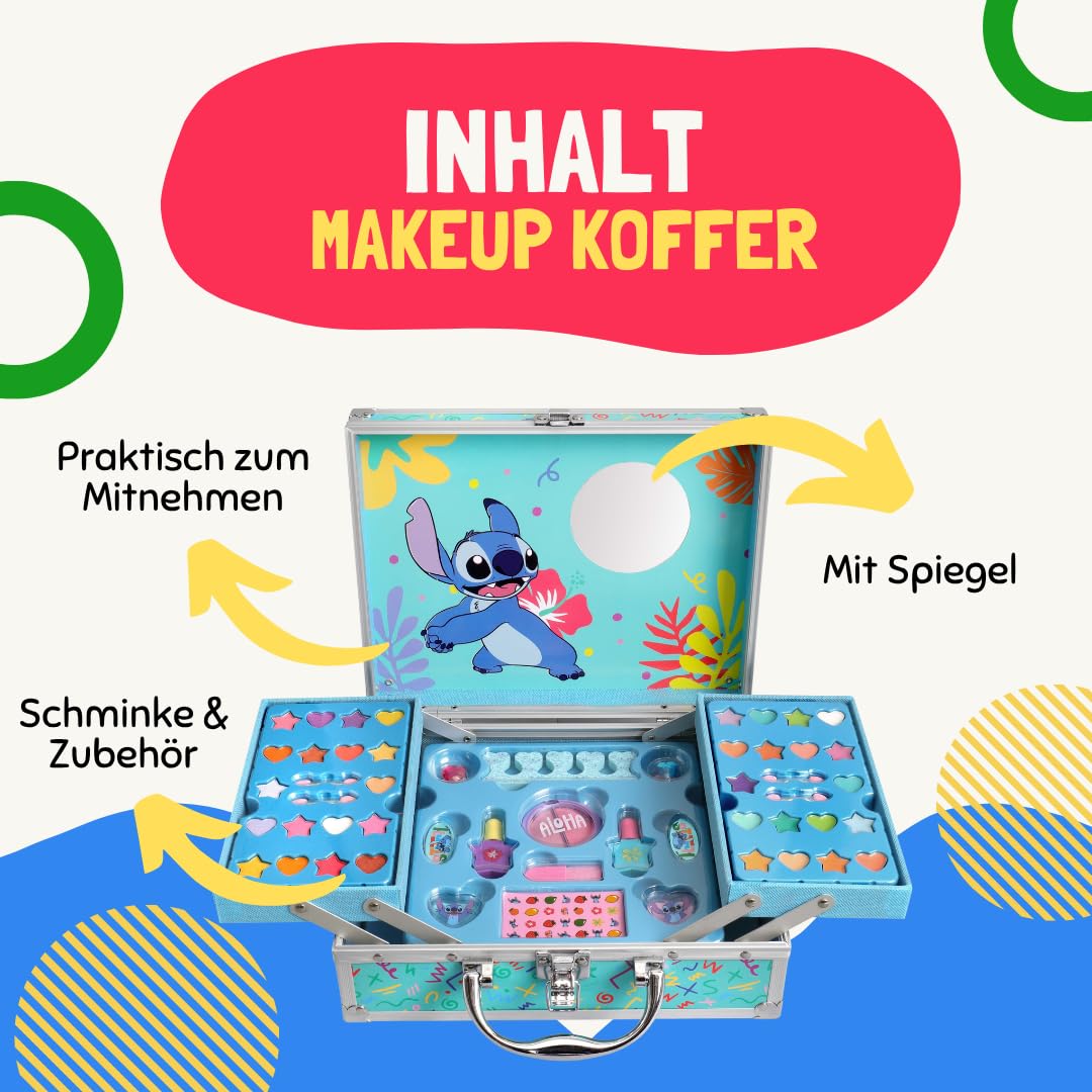 Stitch - Valigetta per trucchi apribile | Set da trucco XXL per bambini con lucidalabbra, ombretto, smalto, fard e accessori – Beauty case con specchio in design Stitch, adatta ai bambini