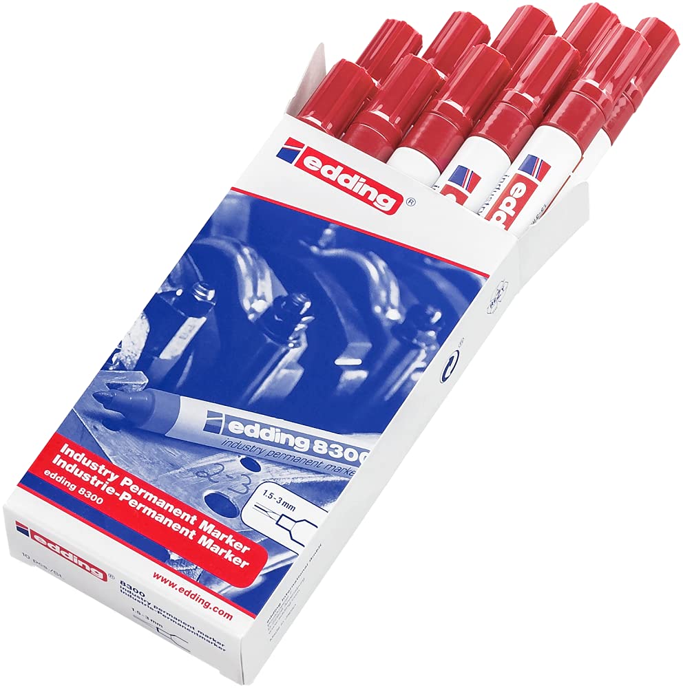 Edding 8300 - Caja con 10 Marcadores Permanentes Industrial - Punta Redonda de 1,5-3 mm - Marcacion en Superficies Ligeramente Aceitosas y con Polvo - Rojo