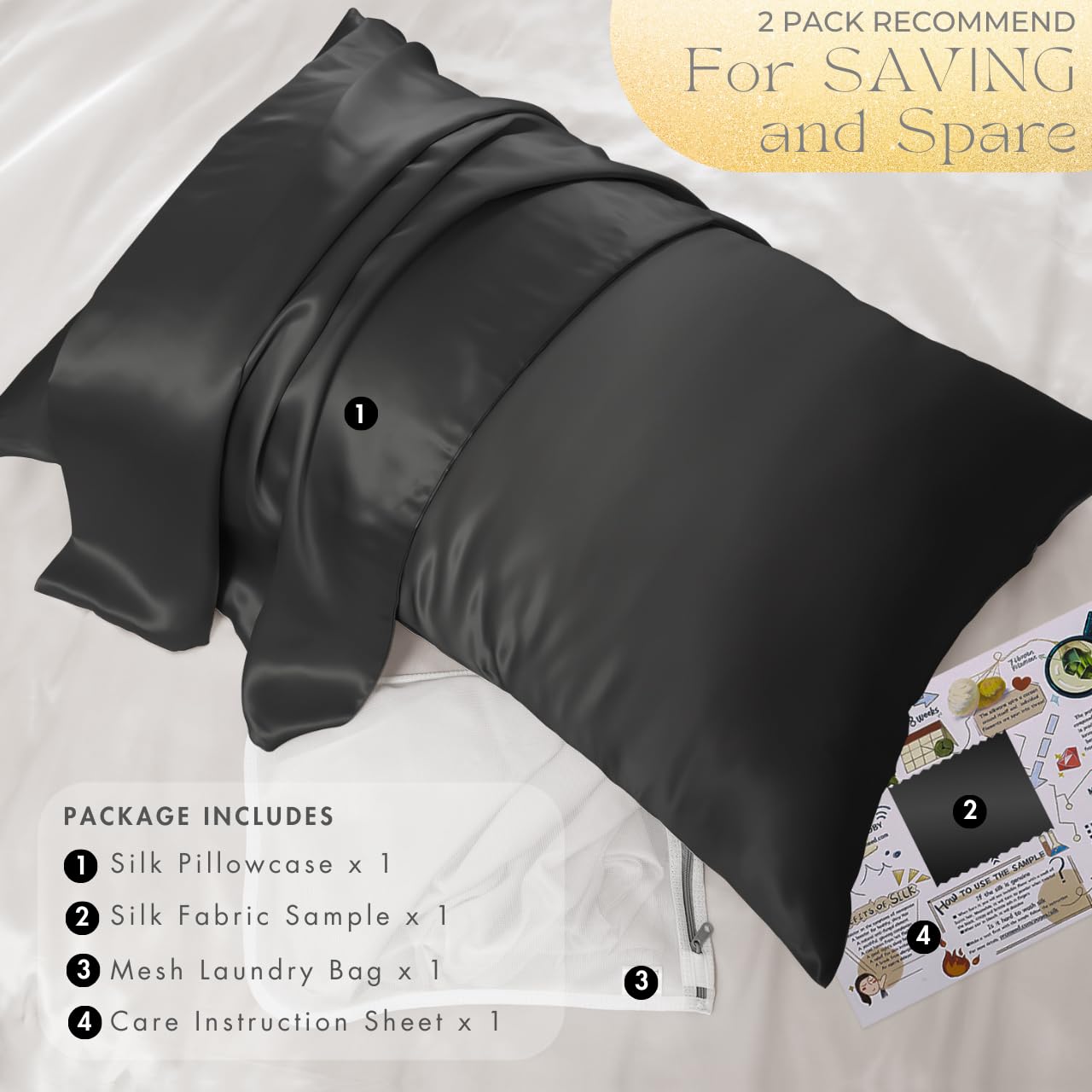 PROMEED Funda de almohada de seda negra de grado 6A+ con cremallera, seda de morera natural de 23 momme para cabello y piel, fácil cuidado con bolsa de colada (King, 51 x 91 cm, negro)