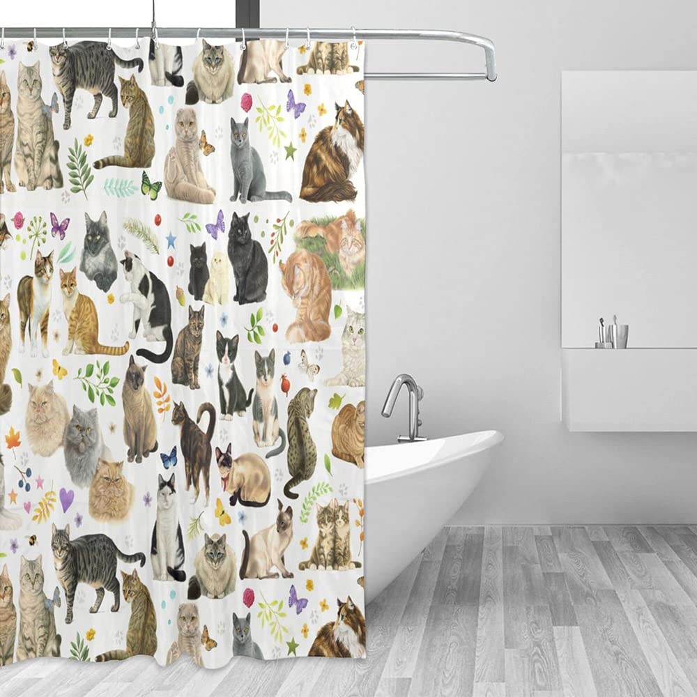 Cute Cat Shower Curtain With Hooks - Colorful Kitty Design, 72x72 Inches, Waterproof Polyester