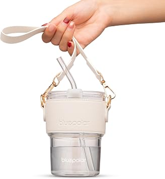 BLUEPOLAR 13oz/400ml Glass Water Tumbler with Straw and Lid Sealed Carry on Thick Wall Iced Coffee Cup for Water, Iced Tea, Fruit Juice White with Sleeve and Strap