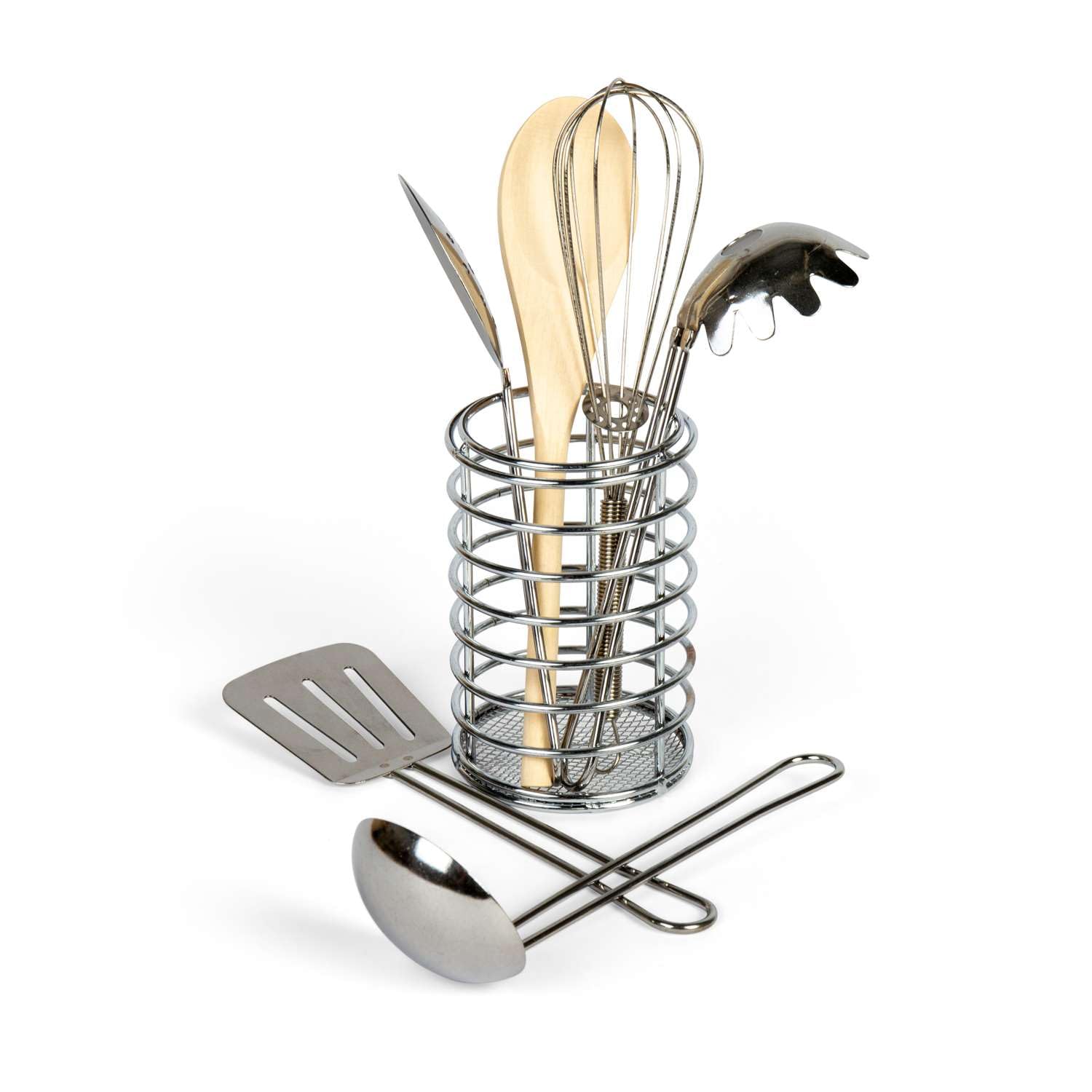 Bigjigs Toys Utensil Pot - 6 Piece Stainless Steel Cooking Utensils Set, Kids Kitchen Sets & Accessories, Toddler Pretend Play Toy, Cookery Gifts For Children, Age 3 + Years Old