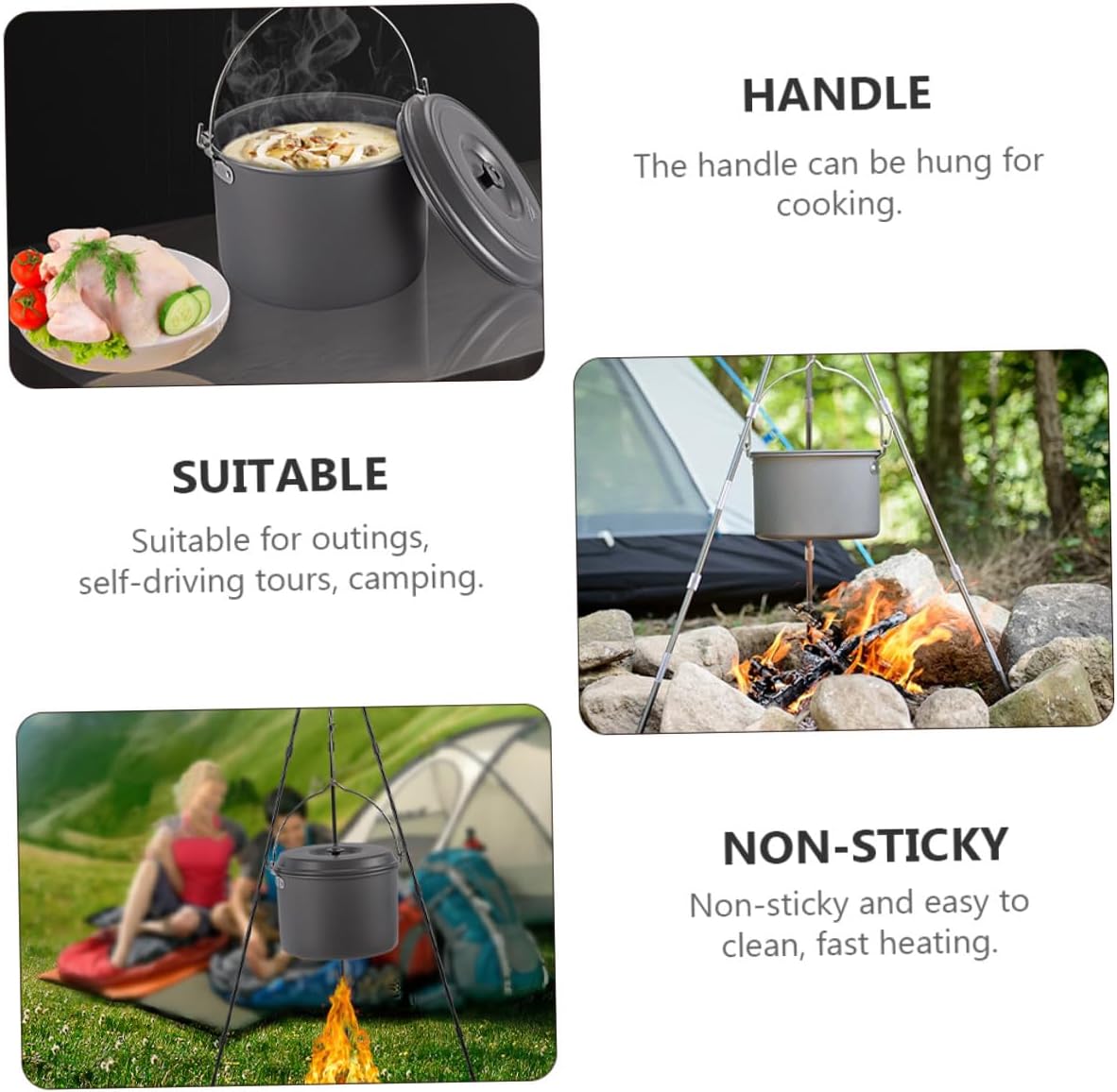 Backpacking Pot with Folding Handle for People Thick Hard Alumina Camping Cookware with Balanced Groove Handle Lightweight Portable Pot for Hiking Picnic Outdoor Cooking