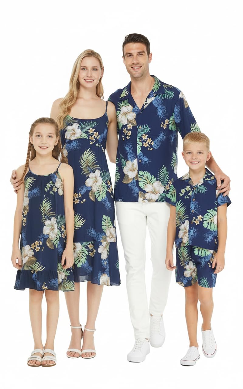 Matchable Family Hawaiian Luau Men Women Girl Boy Clothes in Pineapple Garden Navy