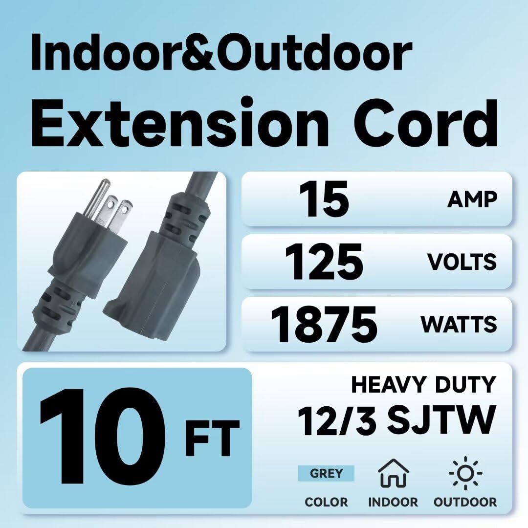 Cable de extensión para exteriores de 10 pies, 12/3 SJTW, cable de extensión gris resistente con enchufe de tierra de 3 clavijas, cable de alimentación para césped, jardín, electrodomésticos