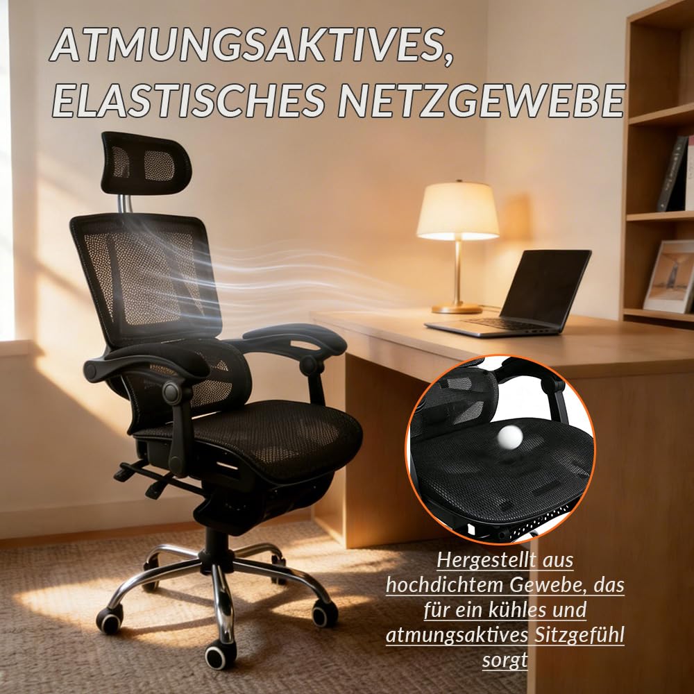 Ergonomischer Bürostuhl mit Lendenwirbelstütze, höhenverstellbarer Chefsessel, Drehstuhl, Netzstuhl