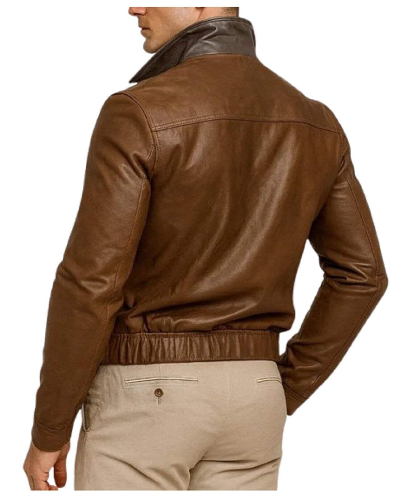 Chaqueta clásica de cuero para hombre con cintura con cinturón y bolsillos con solapa de contraste