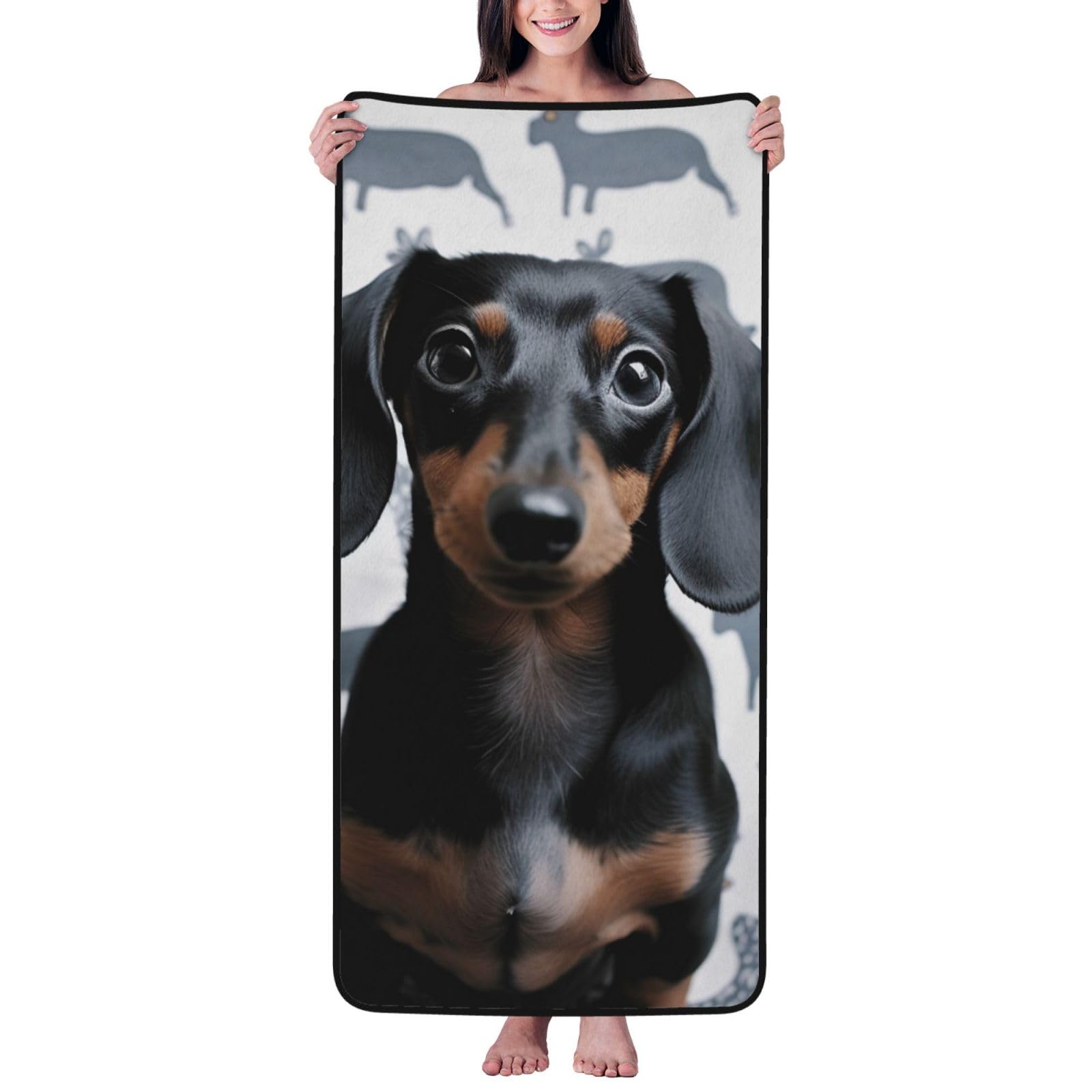 WPKJU Cute Dachshund Dog Printed Bath Towel with Black Edging - 27x55 in Soft Extra Absorbent Coral Velvet Shower Towels for Bathroom