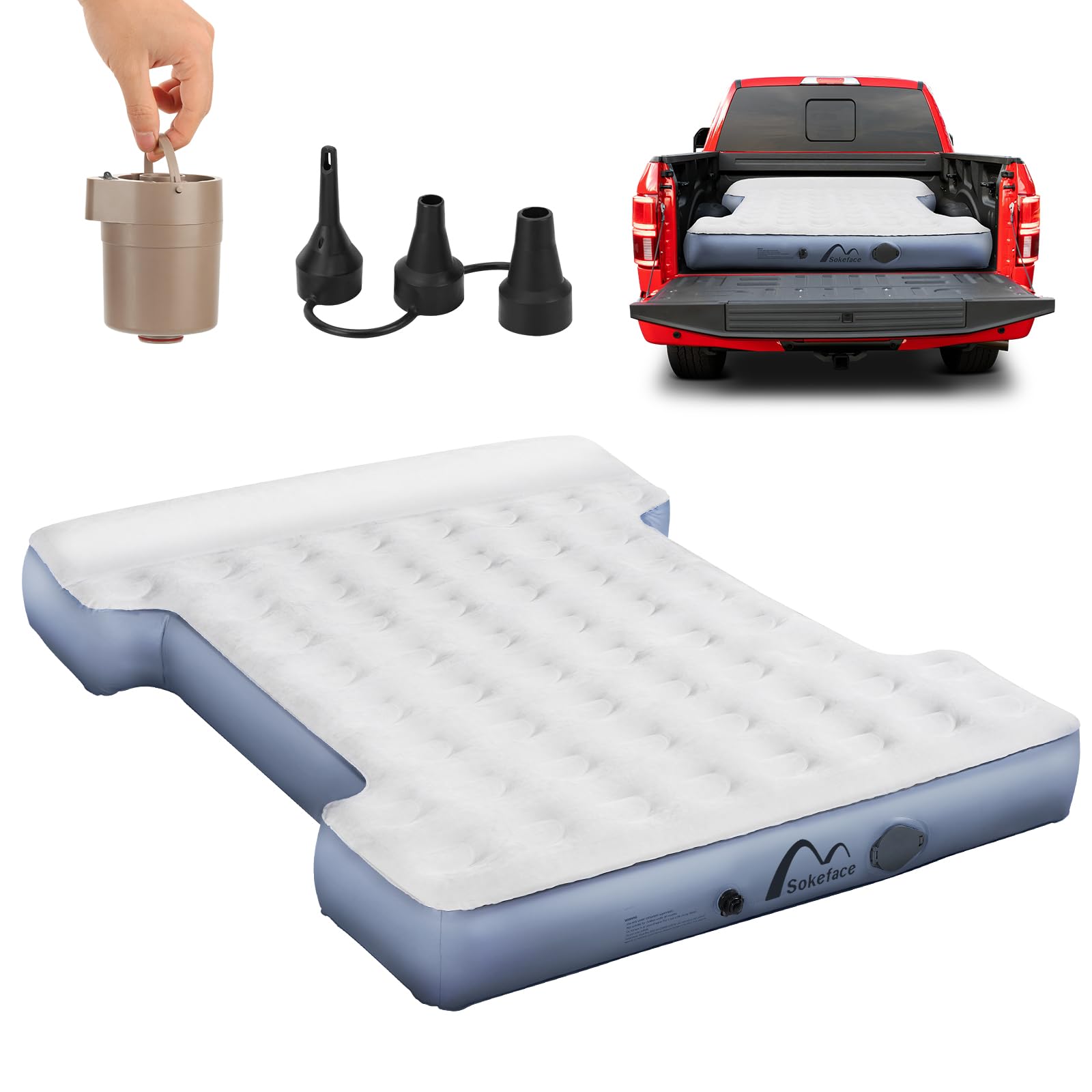 Sokeface Truck Bed Air Mattress for Full Size 6‘-6’5 Short beds - Inflatable Truck Bed Mattresses for Short Truck Beds with Wireless Rechargeable Pump