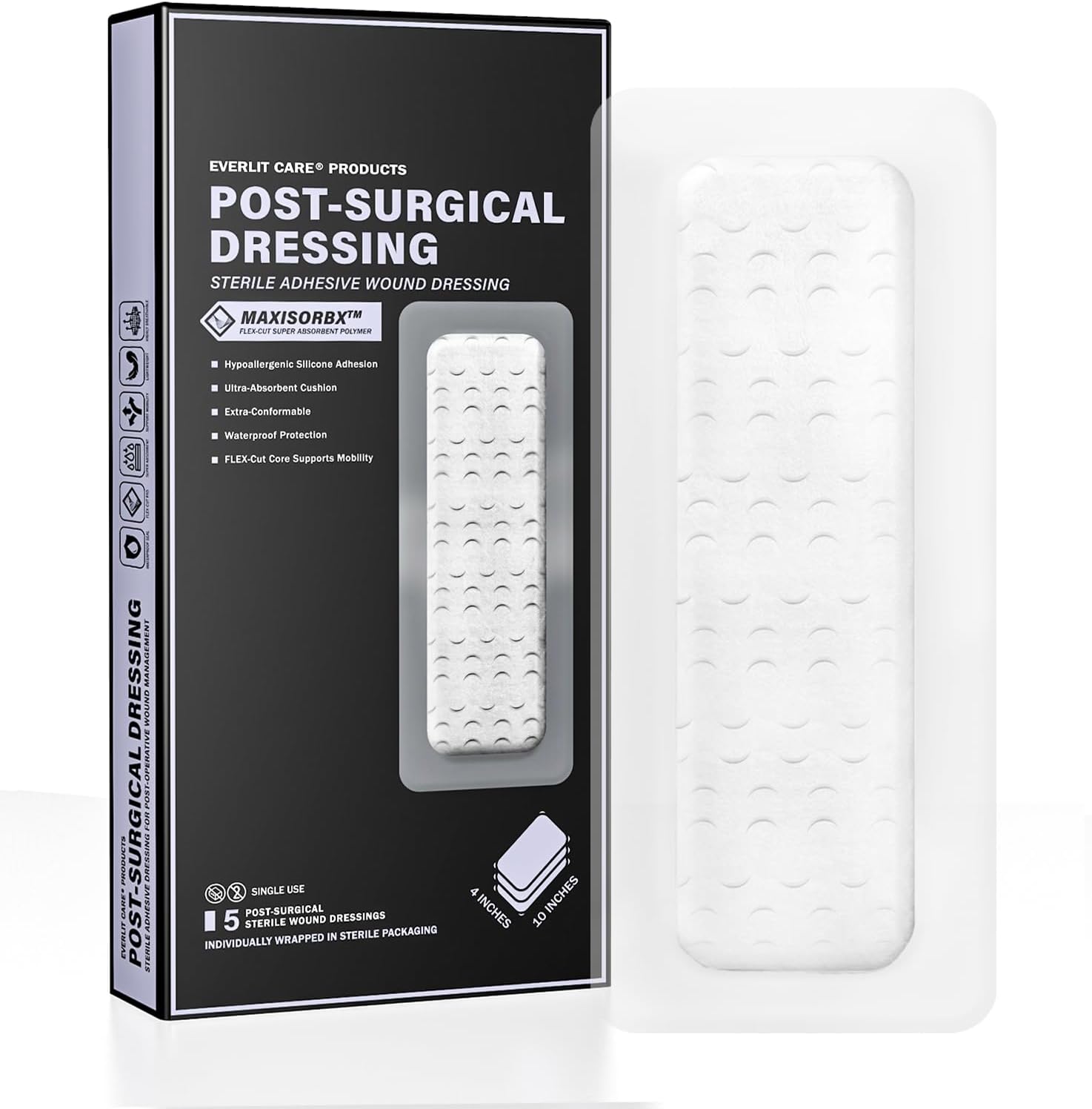 EVERLIT Post-Surgical Dressing | Sterile Waterproof Adhesive Dressing for Post-Operative Wound Care | Hypoallergenic Silicone Coated Bandage for Surgical Incision Pack of 5 (4" x 12")