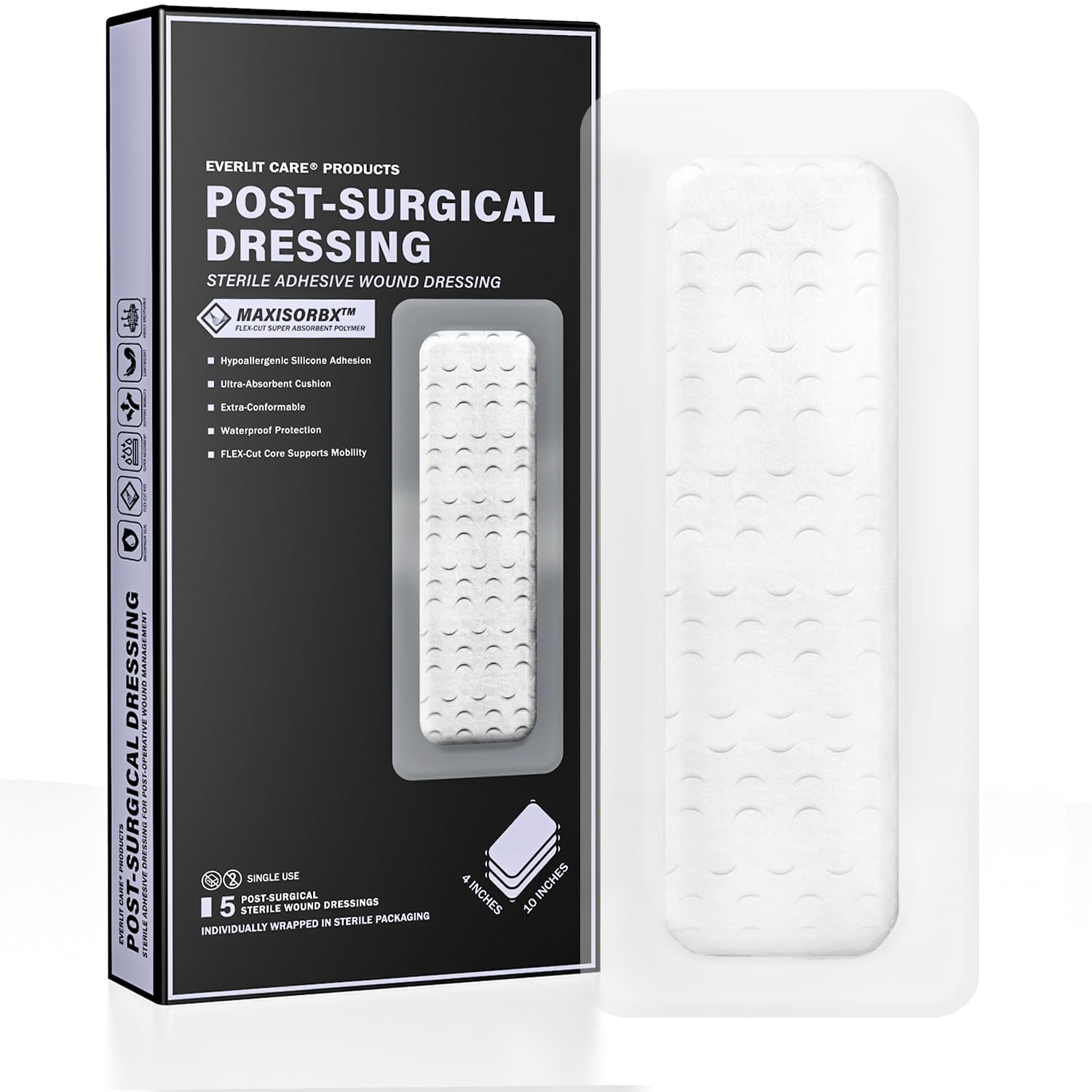 EVERLIT Post-Surgical Dressing | Sterile Waterproof Adhesive Dressing for Post-Operative Wound Care | Hypoallergenic Silicone Coated Bandage for Surgical Incision Pack of 5 (4" x 8") — Amazon image 7