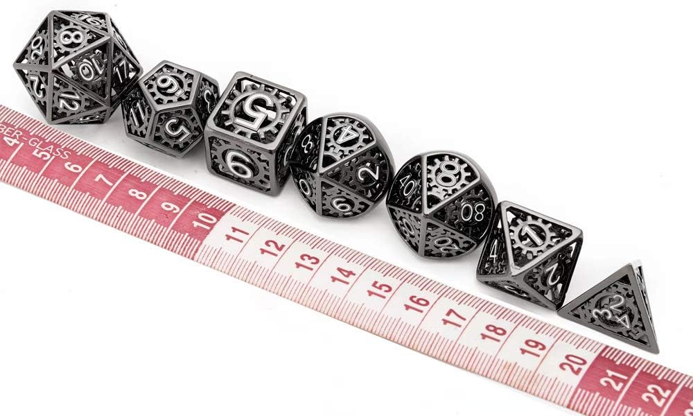 Hollow Black with White Number Gear Copper DND dice,DND Metal Game Dice Set,7pcs DND Dice Set Gift for Dungeons and Dragons RPG MTG Table Games D4 D6 D8 D10 D12 D20