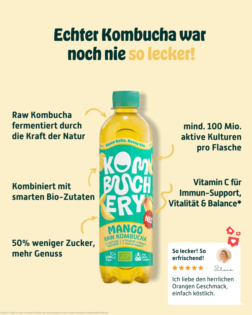 KOMBUCHERY® Mango Raw Kombucha BIO | 12 x 400ml | Fermentierter Tee mit aktiven Darm-Kulturen | Zuckerarm & Kalorienarm | Unpasteurisiert, PrioBiotic, Vegan, Testsieger | inkl. 3€ PFAND