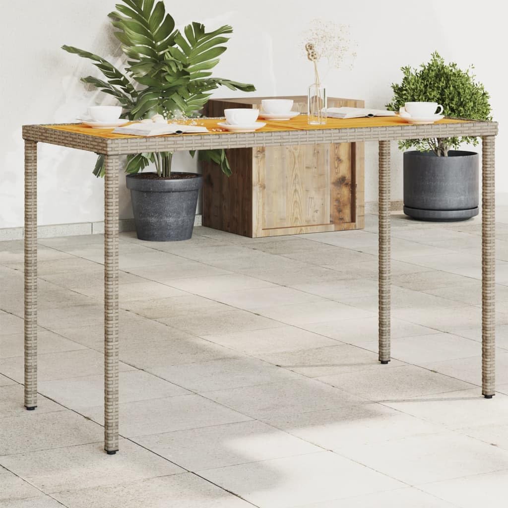 SXZenSpace Grey Garden Coffee Table 115x54x74 cm, Acacia Wood Top with Poly Rattan Frame, UV Resistant Patio Bistro for Balcony, Decking and Outdoor Living